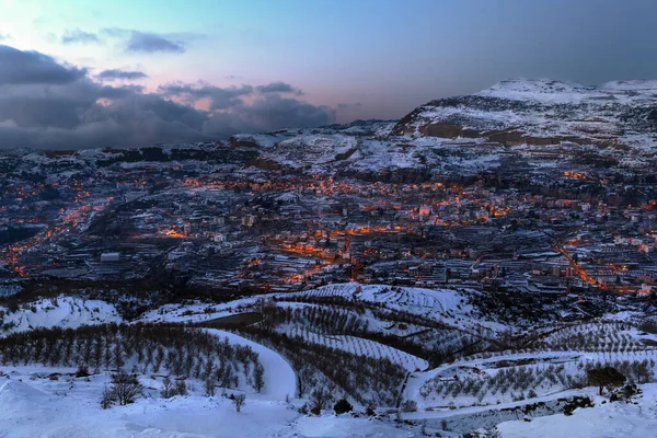 Amazing Landscape of a Little Mountainous Town at the Evening. Winter Vacation in Faraya. Lebanon.