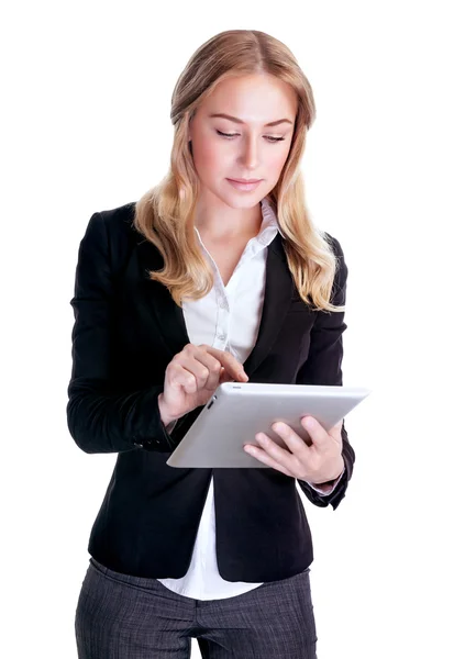 Mujer de negocios inteligente que trabaja en la tableta — Foto de Stock