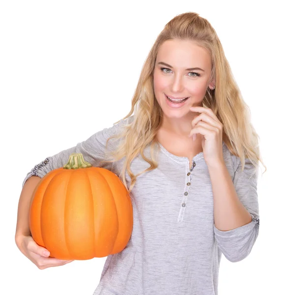 Mujer feliz con calabaza de Acción de Gracias — Foto de Stock