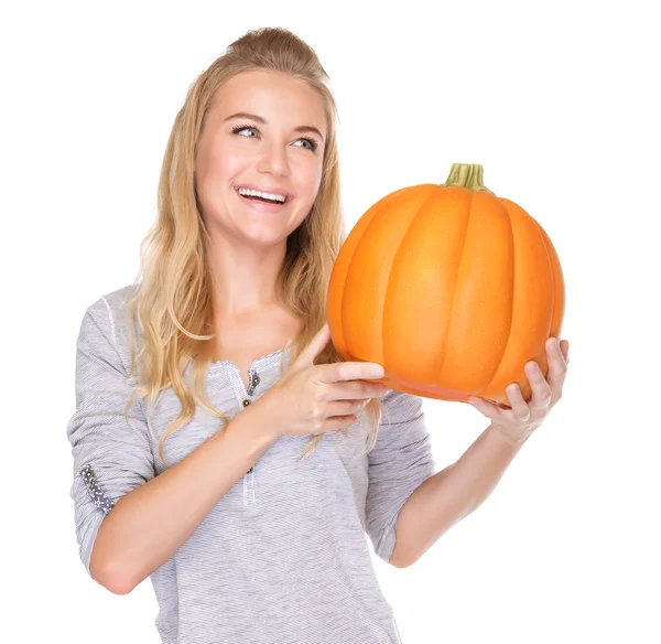 Mujer feliz con calabaza de Acción de Gracias —  Fotos de Stock