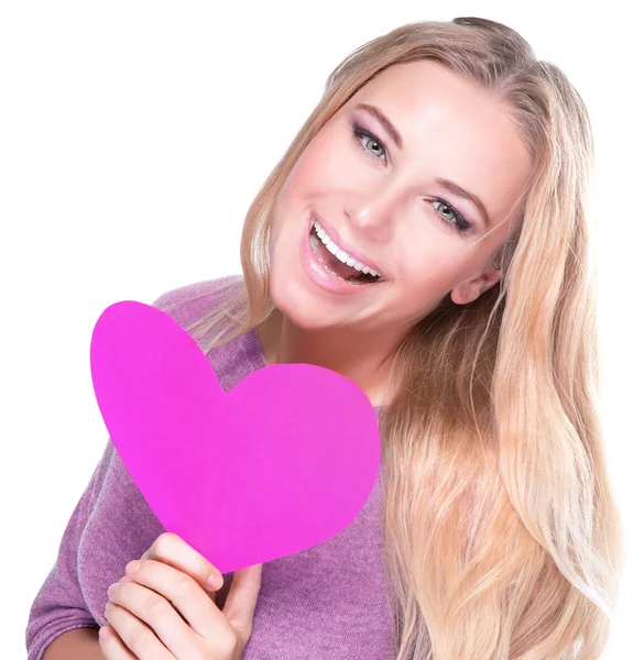 Vrolijke vrouw met roze hart — Stockfoto