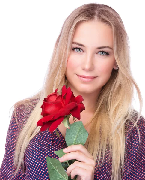 Wunderschönes Weibchen mit roter Rose — Stockfoto