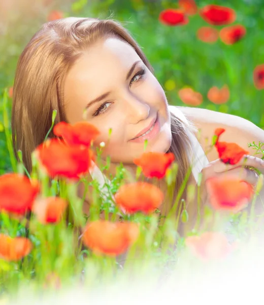 Cute female on poppy field — Stock Photo, Image