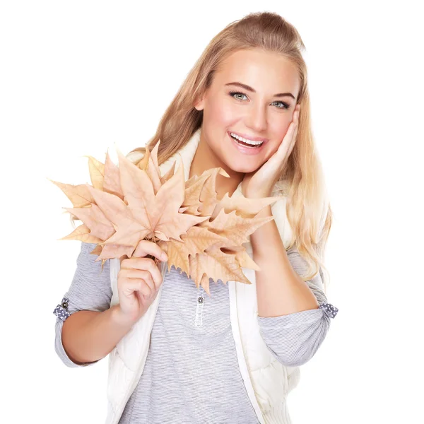 Hermosa mujer con ramo de otoño — Foto de Stock