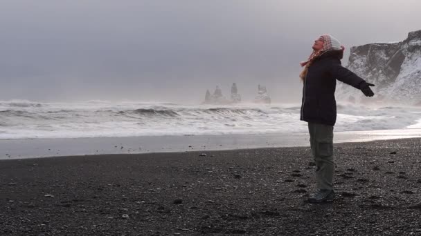 Mujer pasando las vacaciones de invierno en Islandia. Vídeo Full HD — Vídeos de Stock