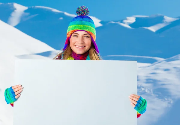 Happy woman with big postcard — Stock Photo, Image