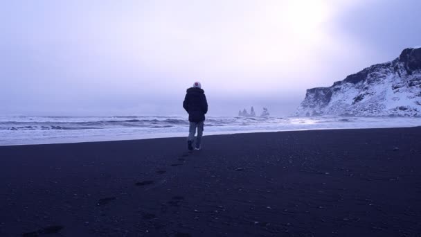 Женщина, гуляющая по черному пляжу Исландии. Full HD видео — стоковое видео