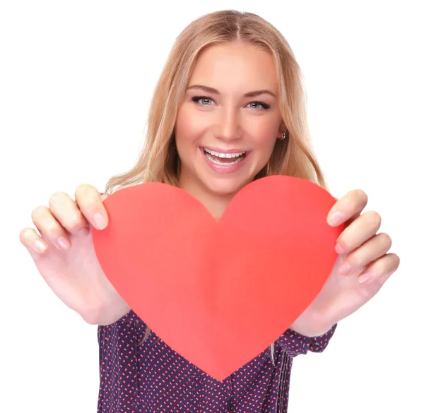 Pretty woman with red paper heart — Stock Photo, Image