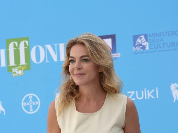 stock image GIFFONI VALLE PIANA,ITALY - July 28, 2021: Claudia Gerini at Giffoni Film Festival 50 Plus - on July 28, 2021 in Giffoni Valle Piana, Italy.