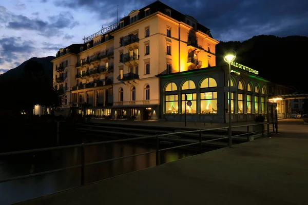Brunnen Suisse Septembre 2020 Vue Nuit Bâtiment Hôtelier Fait Déjà — Photo