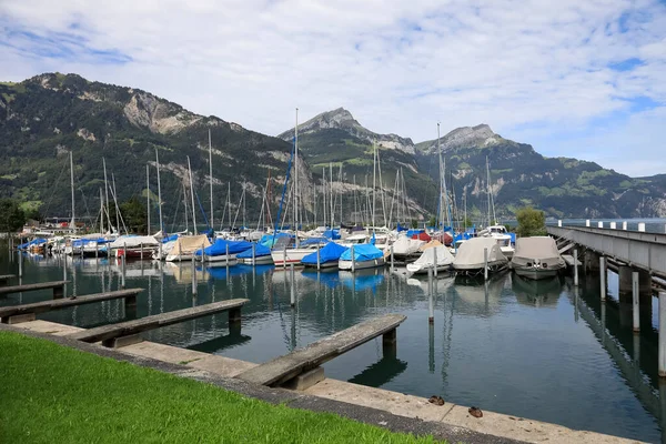 Fluelen Switzerland August 2020 Marina Which Many Sailboats Moored Lake — Stock Photo, Image