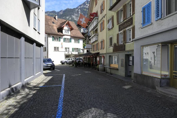 Fluelen Switzerland August 2020 Narrow Cobbled Street Buildings Both Sides — Stock Photo, Image