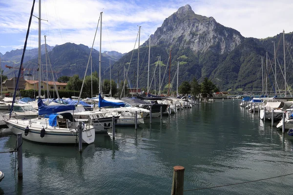 Fluelen Suíça Agosto 2020 Barcos Estão Ancorados Marina Lago Lucerna — Fotografia de Stock