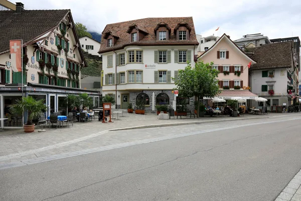 Brunnen Schweiz August 2020 Entlang Der Straße Stehen Wohnhäuser Und — Stockfoto