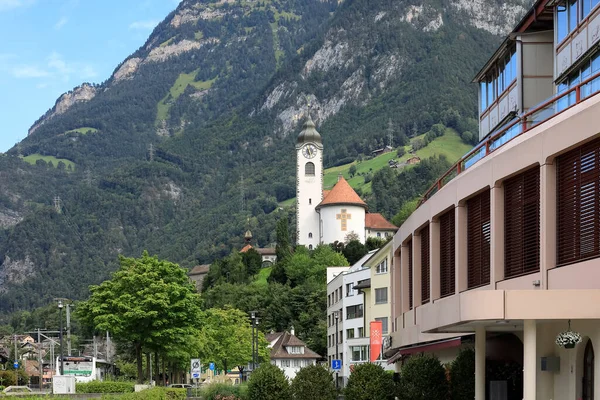 Fluelen Switzerland August 2020 Town Landscape Church Modern Building Background — Stock Photo, Image