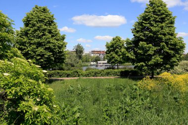 Varşova, Polonya - 22 Mayıs 2020 Goclaw yerleşim alanındaki yemyeşil alanlar. Buradaki evler bitki örtüsünün arasına gizlenmiş gibi görünüyor..