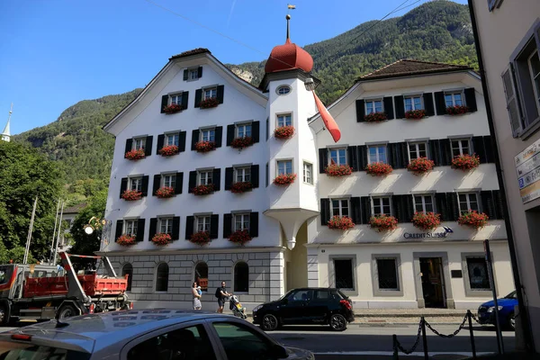 Altdorf Switzerland August 2020 Building Pots Full Flowers Windows Traffic — Stock Photo, Image