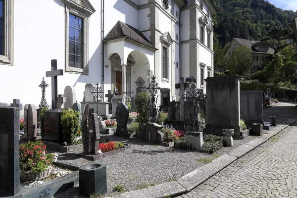 Altdorf Switzerland August 2020 Several Graves Wall Church Small Cemetery — Stock Photo, Image