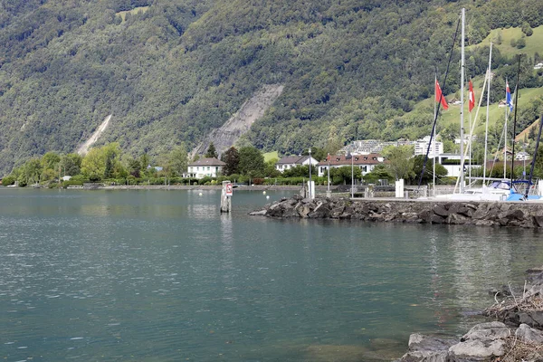 Brunnen Switzerland August 2020 Stone Breakwater Part Marina Infrastructure Hillside — Stock Photo, Image