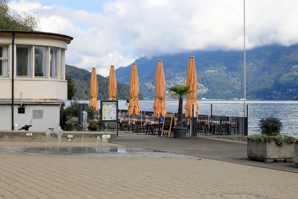 Beckenried Switzerland September 2020 Empty Outdoor Restaurant Right Lake Lucerne — Stock Photo, Image