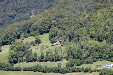Yamacında ağaçlık alanlar olan bir dağ tepesi görülür. Bu İsviçre 'deki Schwyz kantonunda Brunnen' de görülür.