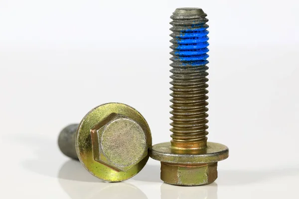 Set Same Bolts Partially Painted Blue Which Industrial Items Spare — Stock Photo, Image