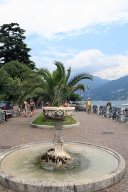 Menaggio, İtalya - 12 Temmuz 2009: Çeşme ve çiçek tarlası. Palmiye ağaçları ve diğer ağaçlar burada yetişir. Sadece Com Gölü kıyısında görülebilecek şeyler.