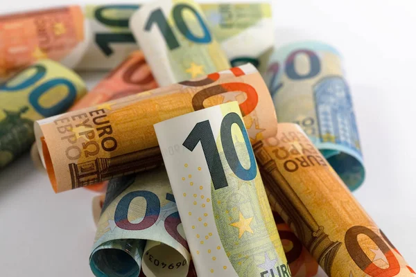 Образ Свернутых Банкнот Евро Банкноты Евро Изготавливаются Бумаги Чистого Хлопкового — стоковое фото