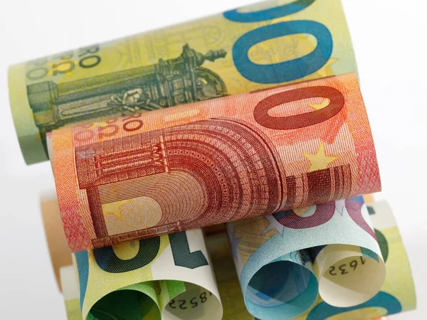 欧洲卷曲钞票的形象 欧元钞票不是用纸做的 而是用纯棉纤维做的 以提高钞票的耐久性 — 图库照片