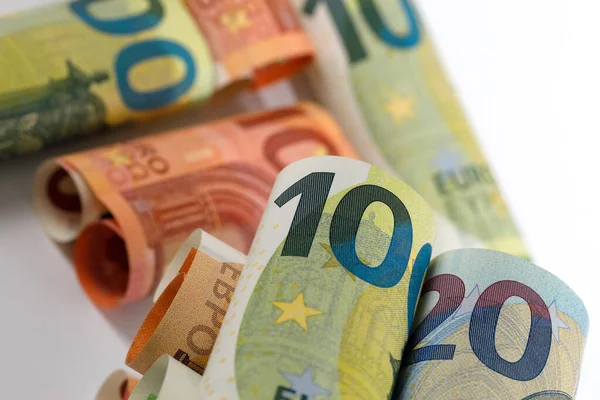 欧洲卷曲钞票的形象 欧元钞票不是用纸做的 而是用纯棉纤维做的 以提高钞票的耐久性 — 图库照片