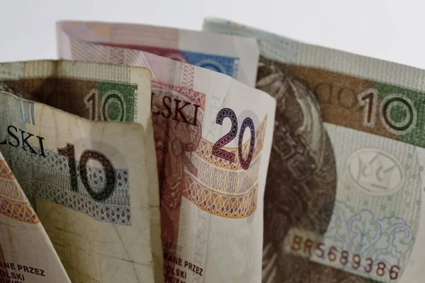 Billetes Arrugados Con Denominaciones Veinte Diez Zlotys Polacos Moneda Pln — Foto de Stock