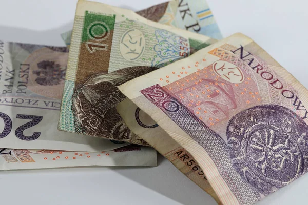Billetes Arrugados Con Denominaciones Veinte Diez Zlotys Polacos Moneda Pln — Foto de Stock