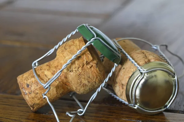 Two Sparkling Wine Corks Were Placed Wooden Table — Stock Photo, Image