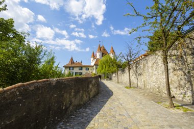 A cobbled road leads to the castle Thun