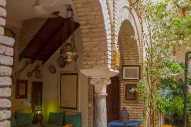 çiçekler kemerli ve c ile dekore edilmiş tipik Endülüs avlusu