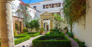 Şehir çiçeklerle dekore edilmiş tipik Endülüs avlusu 