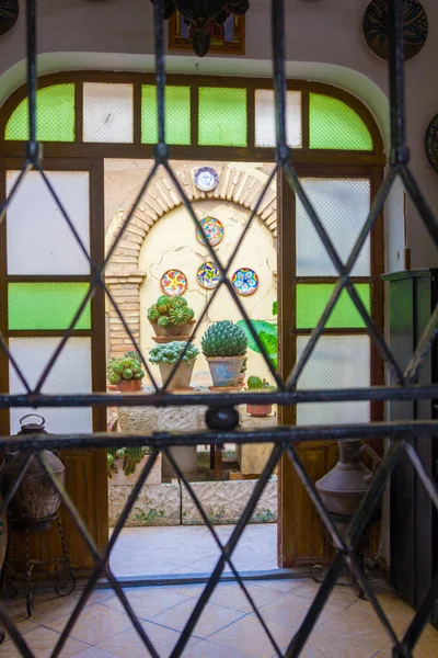 Cortile tipico andaluso decorato con fiori e forgiato g — Foto Stock