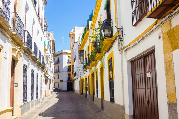 Streets decorated with flowers and barred windows typical of the — Stock Photo, Image