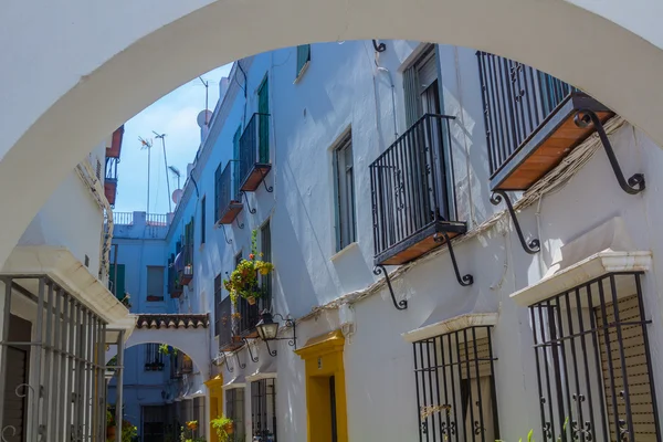 Ventanas típicas con rejillas y flores decorativas en la ciudad —  Fotos de Stock