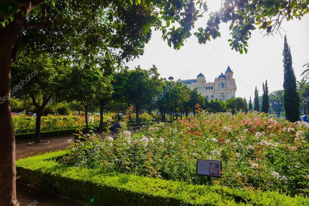 beautiful gardens at dusk Park Malaga, Spain