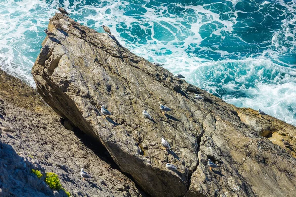 Океанские волны, разбивающиеся о скалы с белой пеной — стоковое фото