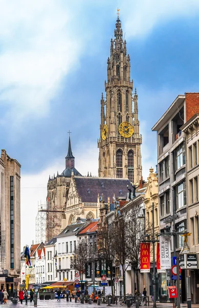 Antwerpen stadsgezicht en toren van de kathedraal van onze lieve vrouw — Stockfoto