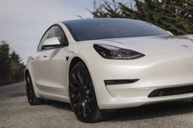 San Francisco yakınlarındaki İnci beyazı elektrikli Tesla Model 3 performans arabası