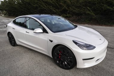 San Francisco yakınlarındaki İnci beyazı elektrikli Tesla Model 3 performans arabası