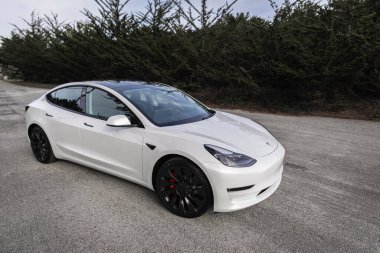San Francisco yakınlarındaki İnci beyazı elektrikli Tesla Model 3 performans arabası