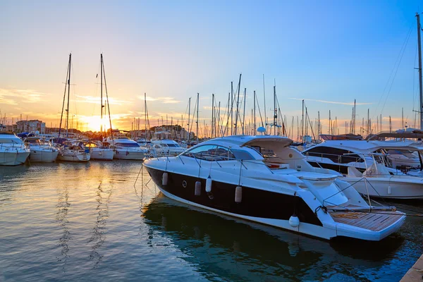 Denia sunset in Marina boats Mediterranean Spain — Stock Photo, Image