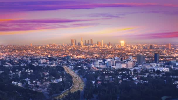 Downtown LA night Los Angeles sunset skyline California — Stock Video
