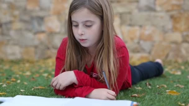 Blond kid girl maths homework laying on grass — Stock Video