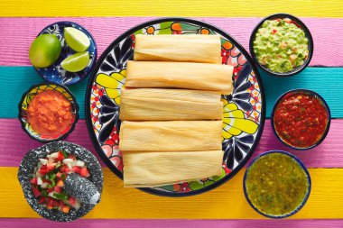 Tamale Mısır yaprak ve soslar guacamole ile