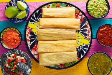 Tamale Mısır yaprak ve soslar guacamole ile